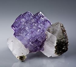 a cluster of purple crystals flanked to either side by some white crystals which themselves have a sprinkling of brown, translucent crystals on their sides