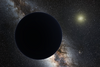 Planet Nine depicted as a dark sphere distant from the Sun with Milky Way in the background