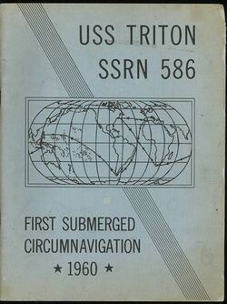 Title cover for the published log book of Operation Sandblast, USS TRITON SSRN 586 FIRST SUBMERGED CIRCUMNAVIGATION 1960, which shows a world map depicting the navigation track taken by the nuclear submarine USS Triton.