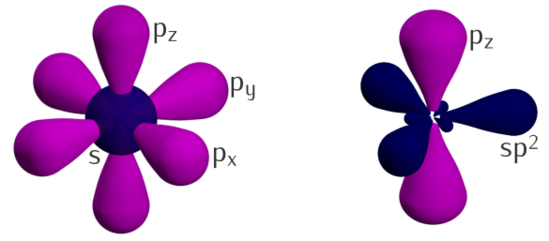 File:Carbon hybrid orbitals - from s+px,py,pz to sp²+pz.svg