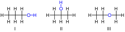 Structural isomers of C3H8O: I 1-propanol, II 2-propanol, III ethyl-methyl-ether.