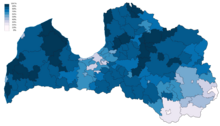 Latvian as primary language at home by municipalities and cities (2011).svg