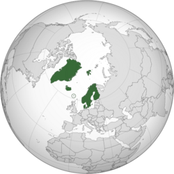 Land controlled by the Nordic countries shown in dark green. Bouvet Island and Antarctic claims not shown.