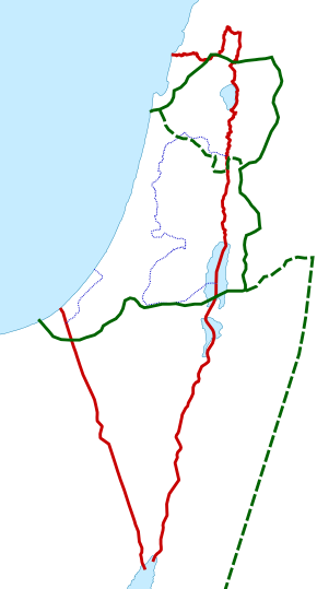   Boundary of Syria Palaestina   Boundary between Palaestina Prima (later Jund Filastin) and Palaestina Secunda (later Jund al-Urdunn)   Borders of Mandatory Palestine between 1920 and 1948   Borders between Israel and the State of Palestine (i.e. West Bank and Gaza Strip)