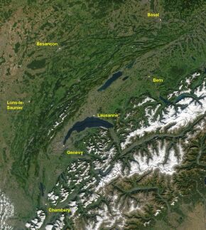 Satellite image of the Jura mountains and Western Alps, including Lake Geneva, with major cities labeled