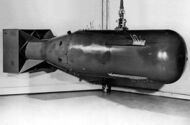 Photograph of a mock-up of the Little Boy nuclear weapon dropped on Hiroshima, Japan, in August 1945.