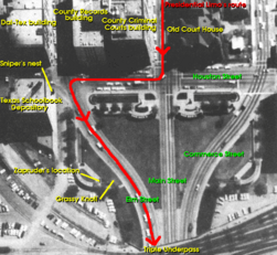 The route of the motorcade: A right turn from Main Street onto Houston Street, then shortly thereafter a left turn before the Texas School Book Depository onto the snaking Elm Street, passing by the Grassy Knoll and exiting Dealey Plaza udner the Triple Underpass bridge.