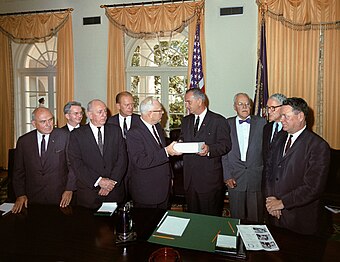 Members of the Warren Commission present their report to President Johnson