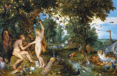 The Garden of Eden with the Fall of Man by Jan Brueghel the Elder and Pieter Paul Rubens, c. 1615, depicting Eve reaching for the forbidden fruit beside the Devil portrayed as a serpent