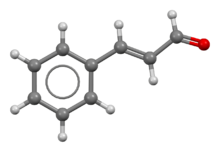 Ball-and-stick model of the cinnamaldehyde molecule