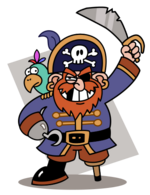 Man with red beard in pirate costume holding a sword.