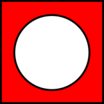 An unfilled circle inside a square. The area inside the square not covered by the circle is filled with red. The borders of both the circle and the square are black.
