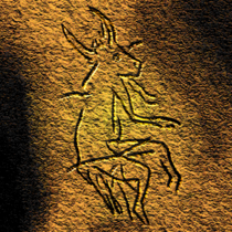 A black-and-white painting on a cave wall of a creature with horns, an animalistic face, and human limbs with a bipedal stance