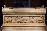 Istanbul Archaeological Museum Satrap Sarcophagus Long side Satrap about to kill a panther 4013.jpg