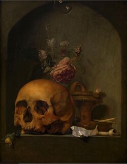 A 17th century painting of various objects, the most prominent of which is a human skull.