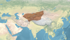 The Chagatai Khanate, with contemporary polities circa 1300, before the expansion of the Timurid Empire into Transoxonia from 1363.[2]