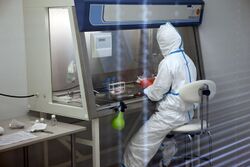 A person in white lab gear sits in front of a rigid transparent enclosure.
