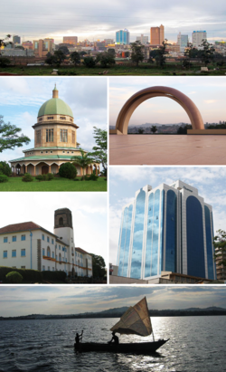 Counter-clockwise; from top: Panoramic view of central Kampala, Bahá'i Temple, Makerere University, panoramic view of Lake Victoria, Kampala Worker's House, Uganda National Mosque