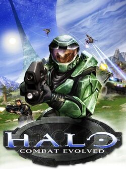 Image of a soldier clad in futuristic green armor, pointing a black weapon towards the camera. Other soldiers and vehicles of war appear in the background. Below the green soldier is a decorative logotype with "HALO" and the subtitle "Combat Evolved", with the BUNGIE logo in the bottom right.