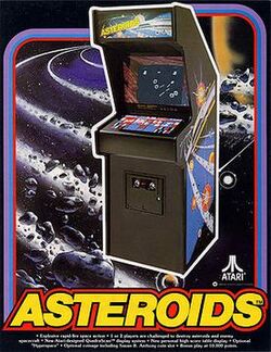 An arcade cabinet over a background of asteroids in rings around a planet. The Asteroids logo and details about the game are seen at the bottom of the flyer.