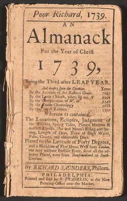 A front page of the Poor Richard's Almanack for the "year of Christ 1739", written by Richard Sanders and printed by Benjamin Franklin.