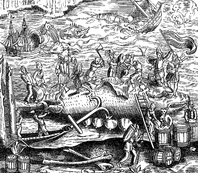 File:Whale Fishing Fac simile of a Woodcut in the Cosmographie Universelle of Thevet in folio Paris 1574 crop.png