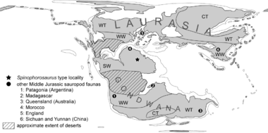 Drawn map showing the world during the Middle Jurassic