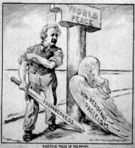 Cartoon of Einstein, who has shed his "Pacifism" wings, standing next to a pillar labeled "World Peace". He is rolling up his sleeves and holding a sword labeled "Preparedness".