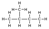 Skeletal formula of isopentane with all implicit carbons shown, and all explicit hydrogens added