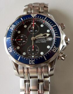 Omega Seamaster chronograph watch (300 meters water resist) (cropped).jpg