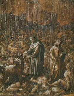 A sepia illustration of a landscape strewn with bodies; Dante, Virgil and Cerberus stand in the rain