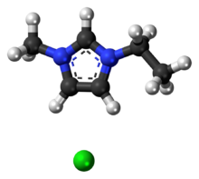 Ball-and-stick model of the component ions of 1-ethyl-3-methylimidazolium chloride