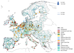 European power system map created by and prepared for energy system model runs with PyPSA-Eur.
