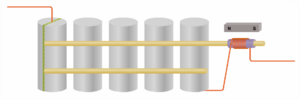 A chain of five upright cylindrical resonators. They are coupled together with two horizontal rods both attached to the same side of the resonators. The input transducer is of the type in figure 4c and the output transducer is of the type in figure 4a. This last has a small bias magnet nearby.
