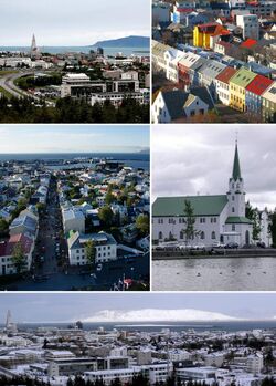 Clockwise from top left: view of old town and Hallgrímskirkja from Perlan; rooftops from Hallgrímskirkja; Reykjavík from Hallgrímskirkja; Fríkirkjan; and panorama from Perlan