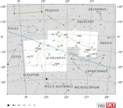 Diagram showing star positions and boundaries of the Aquarius constellation and its surroundings
