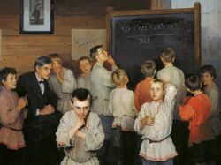 Painting of students engaged in mental arithmetic