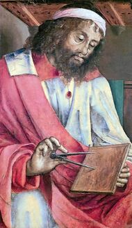 "Depiction of Euclid as a bearded man holding a pair of dividers to a tablet."