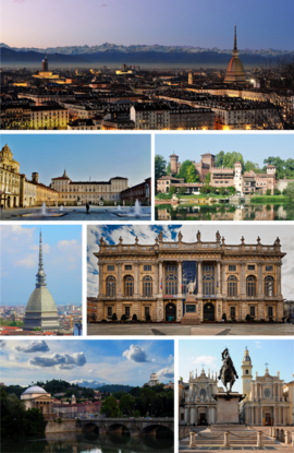Clockwise from top: Panorama of Turin; Borgo Medioevale; Palazzo Madama; Piazza San Carlo; Gran Madre and Monte dei Cappuccini on the river Po; Mole Antonelliana; and Royal Palace