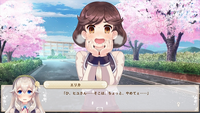 A screenshot of a first-person outdoors scene by a row of cherry blossom trees, in which the player character talks to another character. The dialogue, and a character portrait for the player, are displayed in a box in the bottom of the screen.