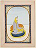 Painting of Nau Nihal Singh seated on a blue oval rug against a bolster with a yellow shawl reaching up to the back of his head, ca.1840.jpg