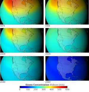 An animation showing colored representation of ozone distribution by year, above North America, through 6 steps. It starts with a lot of ozone especially over Alaska and by 2060 is almost all gone from north to south.