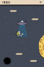 An alien spaceship is above the player character. A black hole, platforms, and a yellow moon are around the area.