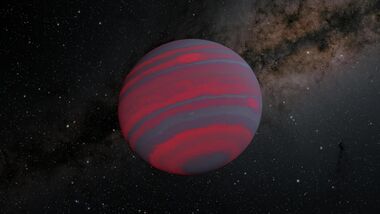 In this artist's impression, the brown dwarf is depicted resembling the planet Jupiter with narrow, red atmospheric bands. The object's shape is slightly flattened at its poles due to its rapid rotation.