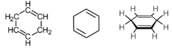 Skeletal formula with all implicit hydrogen shown, skeletal formula; stereo, skeletal formula with all explicit hydrogens added, all of 1,4-cyclohexadiene