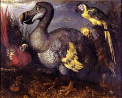 An oil painting depicting a red-feathered parrot with yellow wing tips; a large, ungainly, duck-like bird with grey, white and yellow feathers; a parrot with a black back, yellow breast and a yellow and black tail; and a brown-feathered bird with a long bill eating a frog