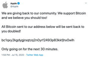 A tweet from Apple, which reads, "We are giving back to our community. We support Bitcoin and believe you should too! All Bitcoin sent to our addresses will be sent back to you, doubled!" After a bitcoin address, it reads "Only going on for the next 30 minutes."