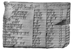 Clay tablet with markings, three columns for numbers and one for ordinals
