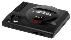 An edition of the original model of the Sega Genesis. It is a black system that resembles an audio player, with a slot on top to insert game cartridges.