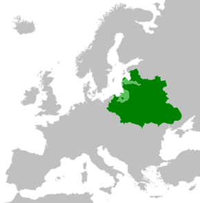 The Polish–Lithuanian Commonwealth (green) with vassal states (light green) at its peak in 1619